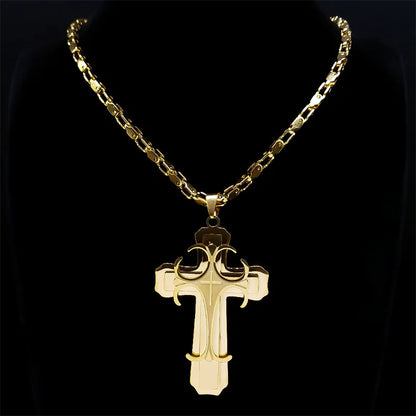 Men Big Cross Jesus Stainless Steel Gold Color Christ God Chain Necklace