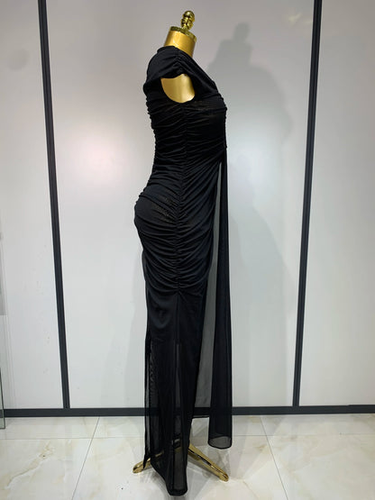 Sexy Sleeveless O-Neck Cut Out Bodycon Mesh Long Dress Celebrity Evening Party Club Dress