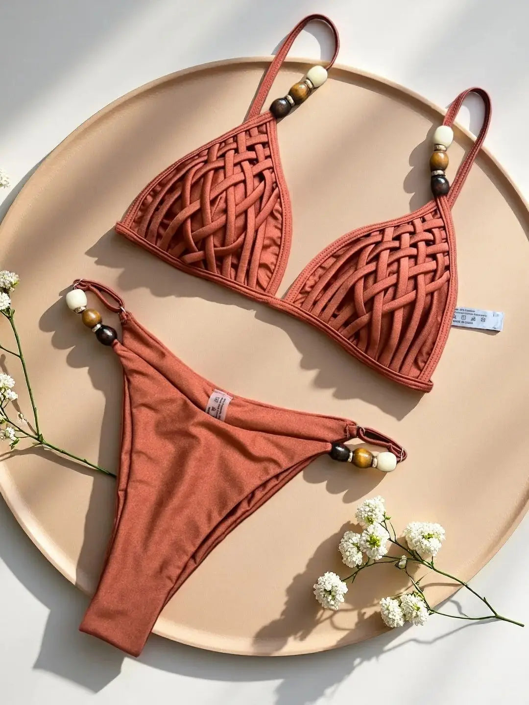 Sexy Women Pearls Strap Hole Out Push Up Bra Thong Swimsuit Brazilian Beach Bathing Micro Bikini Suit