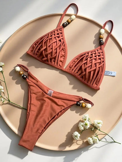 Sexy Women Pearls Strap Hole Out Push Up Bra Thong Swimsuit Brazilian Beach Bathing Micro Bikini Suit