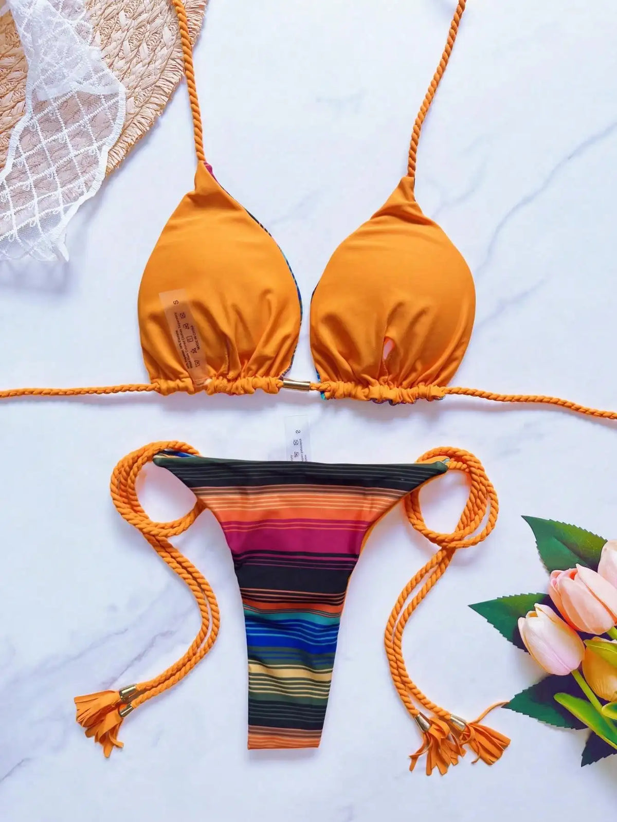 Sexy Leopard Print Women's Split Bikini Woven Rope Strap Fringe Two-Piece Swimsuit Bathing Suit