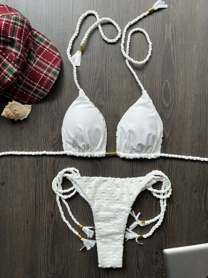 sexy women split swimsuit 2-piece beach swimsuit w/ braided straps bikini set