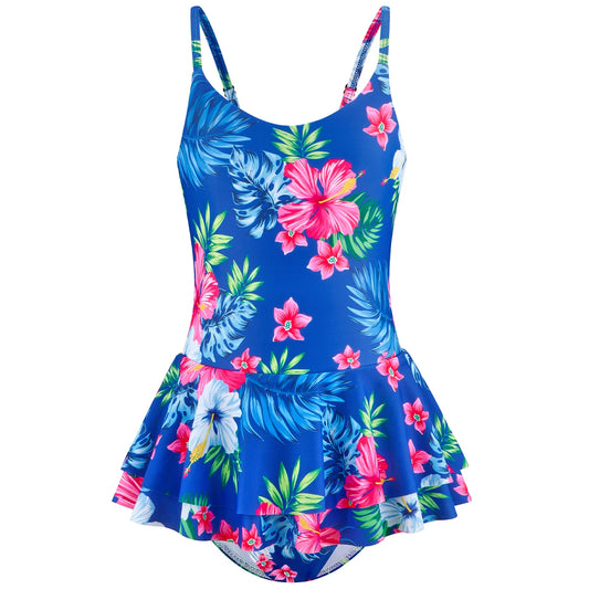 Girls Kids One-Piece Sleeveless Blue Pink Floral Print Swimwear Beach Skirted Bikini Briefs