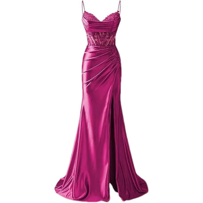 Lace Appliques Satin Prom Women w/ Slit Spaghetti Strap Backless Long Mermaid Evening Formal Dress Gown