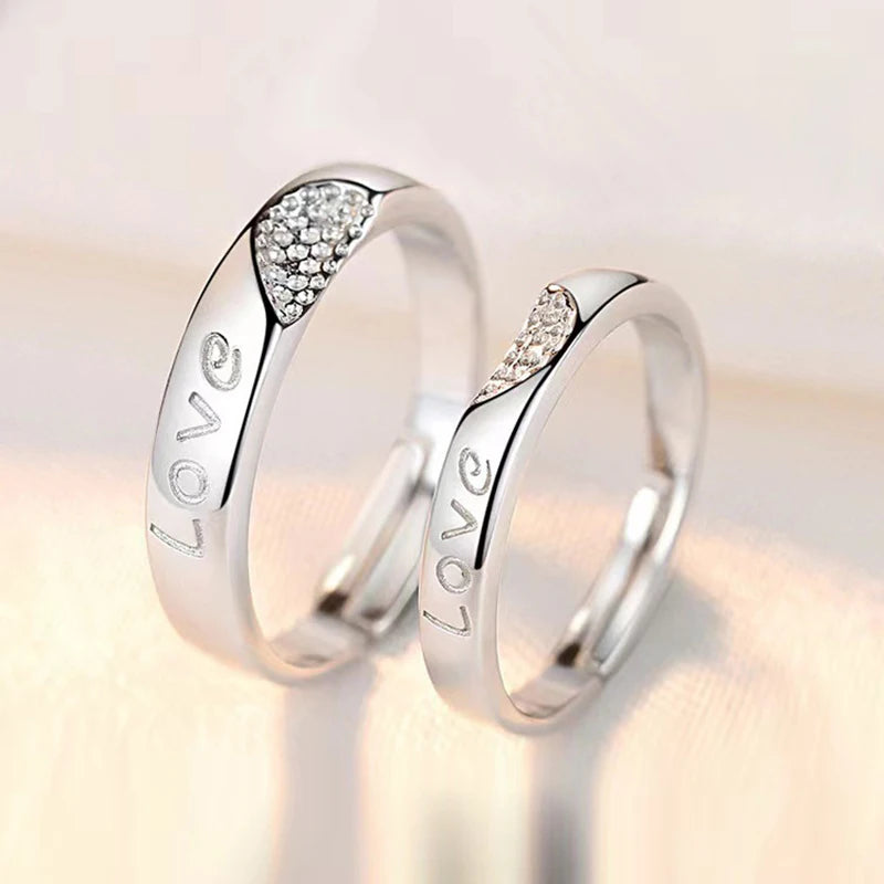Solid 925 Sterling Silver Couple Letter Love Splicing Heart Crystal Zircon Rings