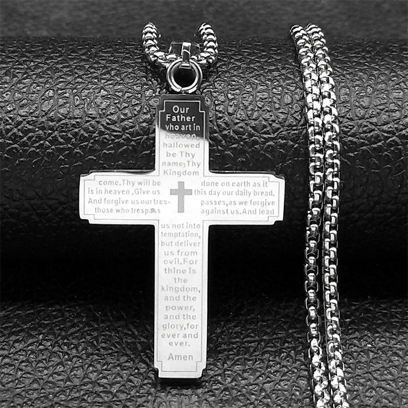 Women Men Stainless Steel Gold Color Religion Prayer Catholic Scriptures Cross Bible Pendant Necklace