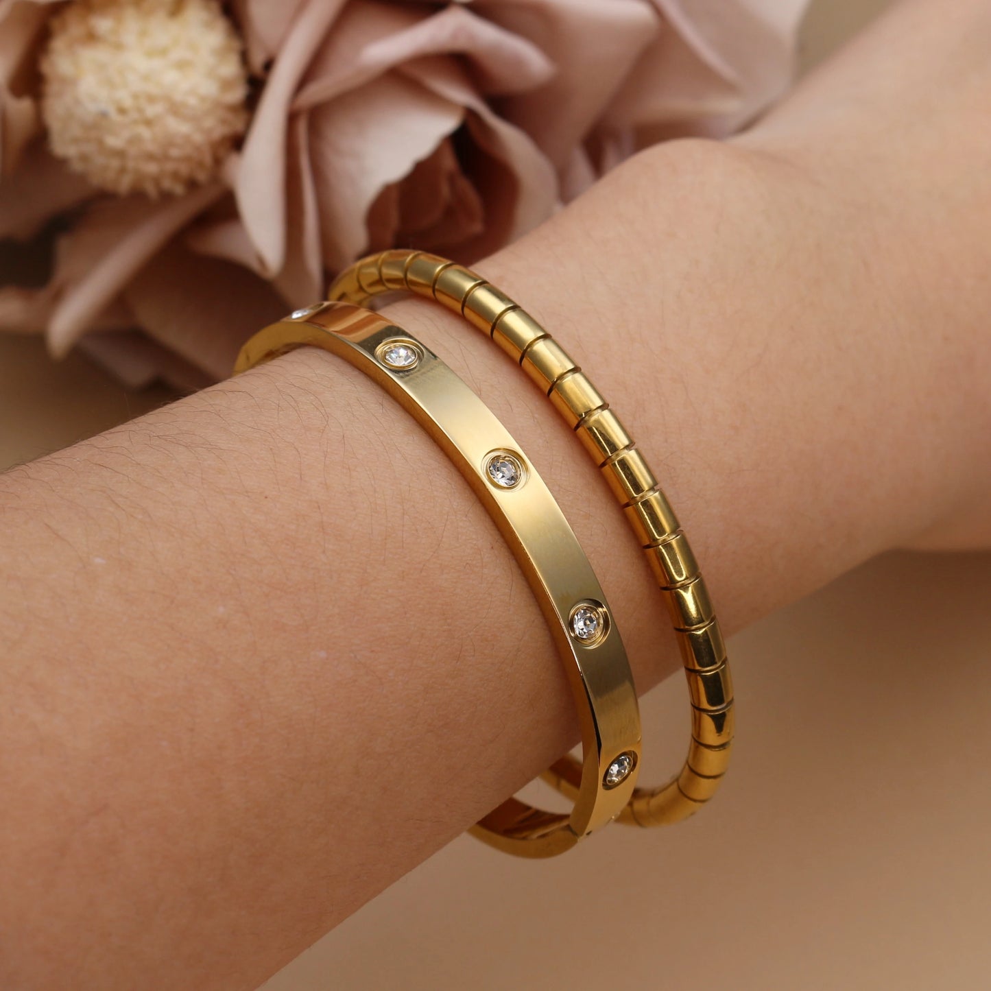 Luster Zircon Women's High Polished Stainless Steel Gold Color Bracelet Bangle Fashion Jewelry