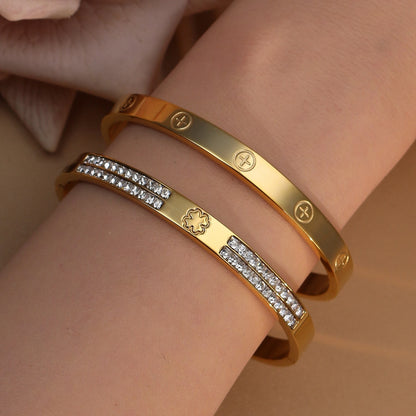 18K Gold-Plated Cross Screwdriver Stainless Steel Zircon Bangle Bracelet Women's Jewelry