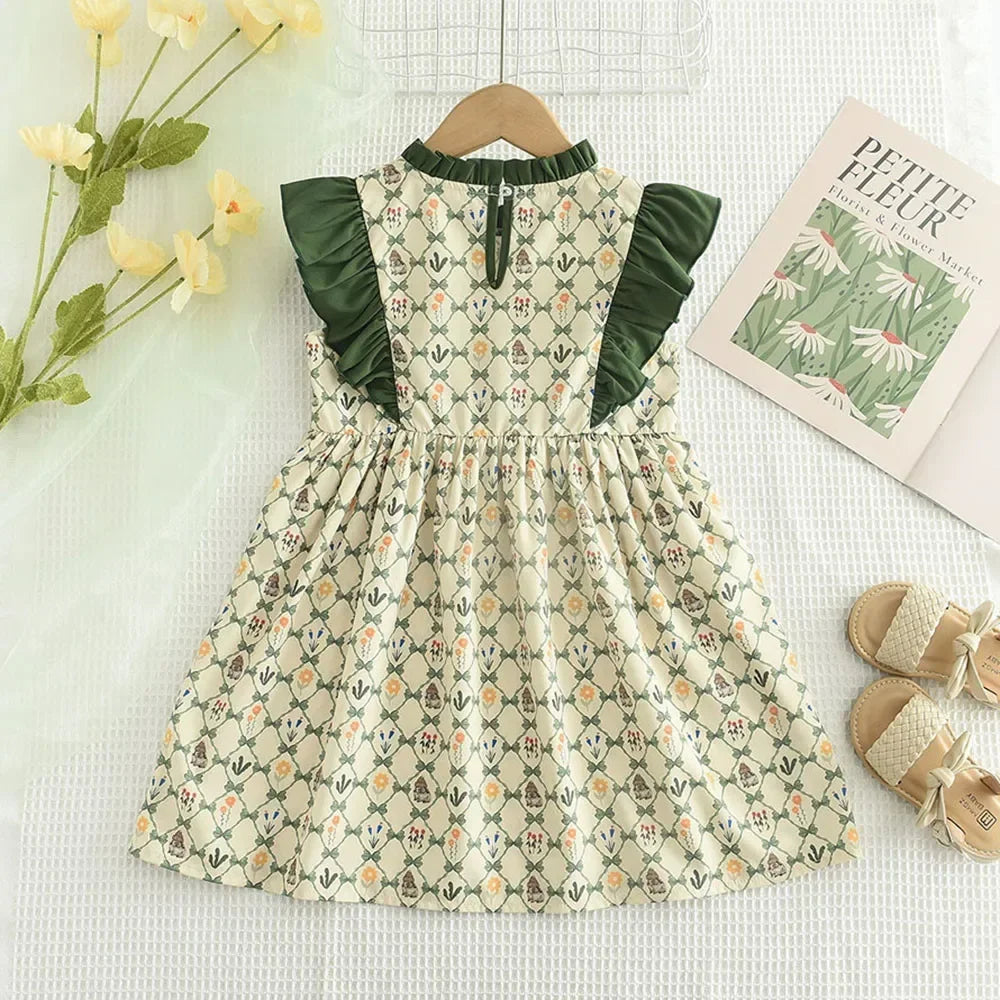 Kids Girls Summer Flower Rabbits Princess Flying Sleeves Print Party Dress 3-7 Years