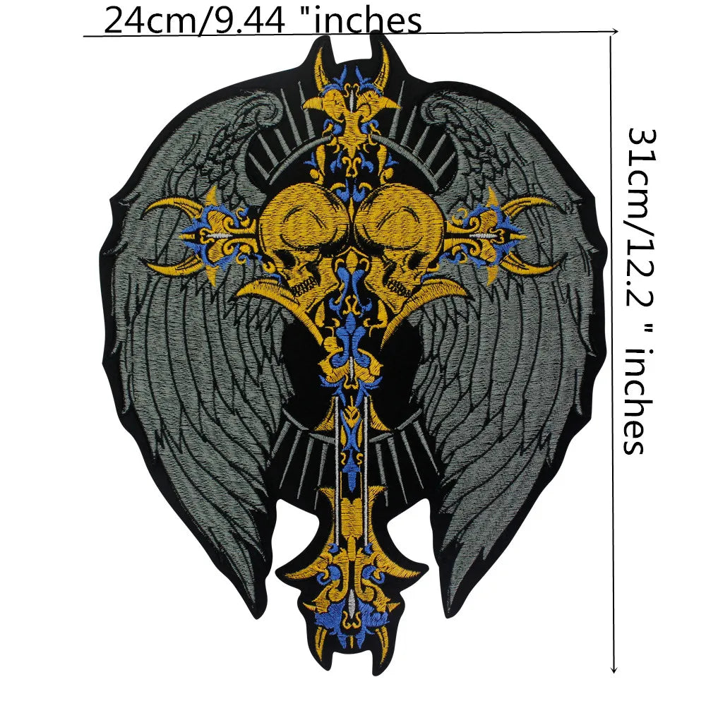 Punk Wings Skull Biker Rock Large Embroidered Patch Appliques Iron on Patches Badge Clothes Sewing