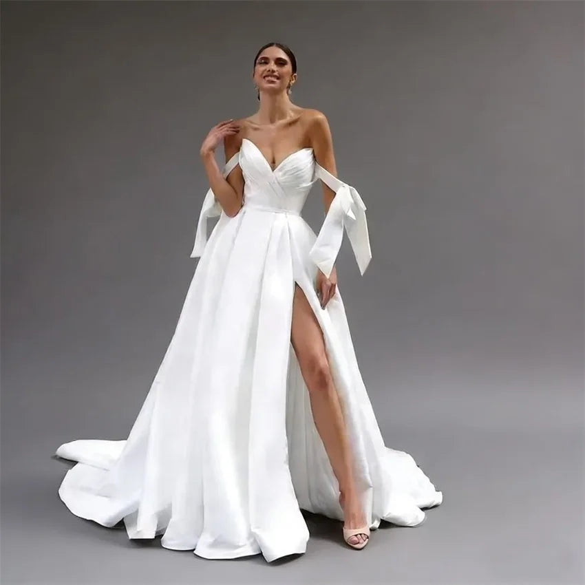 Elegant Simple Satin Sweetheart Wedding Bow Pleated High Slit Bridal Button A-line Bride Dress