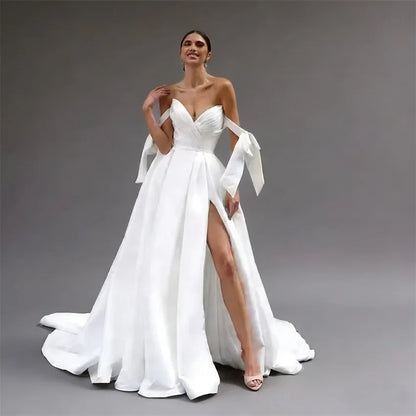 Elegant Simple Satin Sweetheart Wedding Bow Pleated High Slit Bridal Button A-line Bride Dress