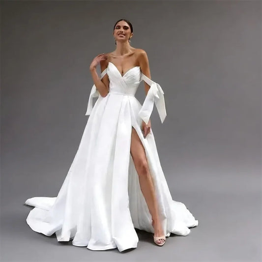 Elegant Simple Satin Sweetheart Wedding Bow Pleated High Slit Bridal Button A-line Bride Dress
