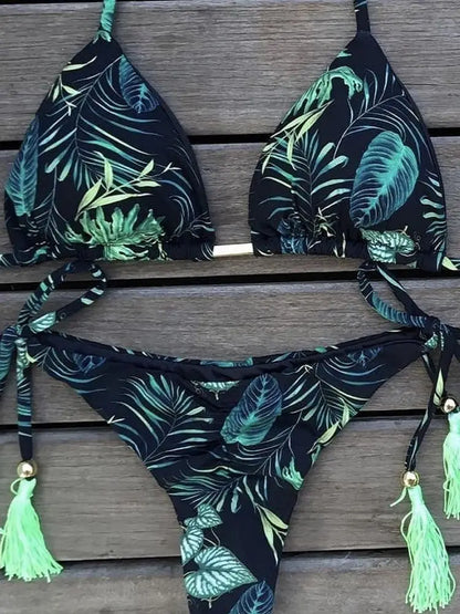 Sexy Micro Feather Print Bandage Swimwear Bathing Brazilian Bikini Suit