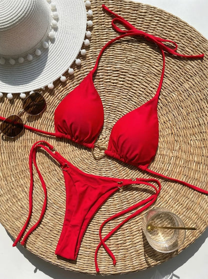Women Solid Color Bikini Low Waist Lace-up Fashionable Swimsuit Two-piece Suit