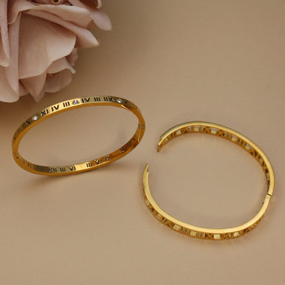 Fashion Stainless Steel Crystal Cutout Roman Numeral Design Gold Color Bracelet Women's Jewely