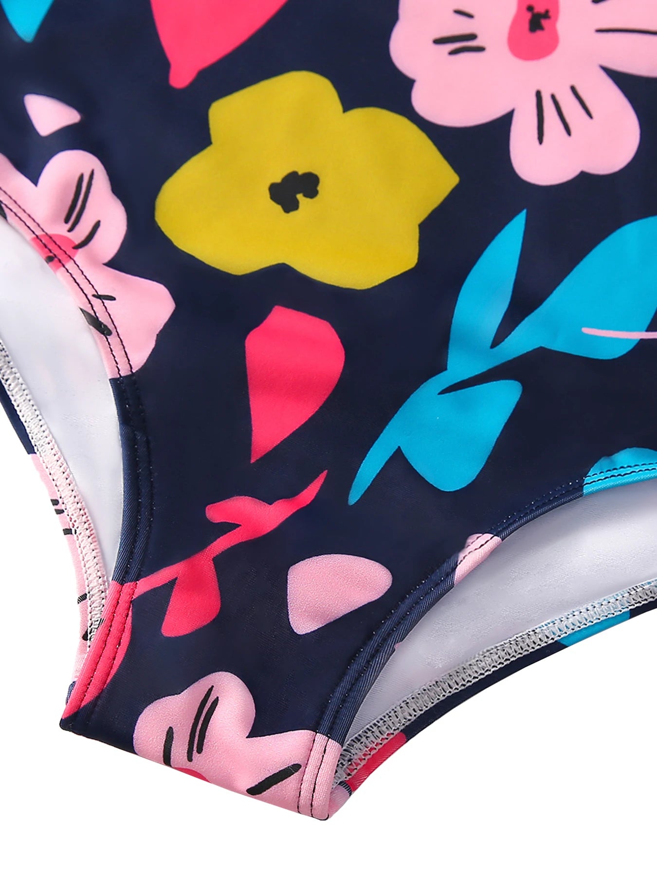 Kids Girl Floral Pattern Long Sleeve Zipper Back Ruffles Frill Cuff Jumpsuit Swimwear Beachwear Bathing Suits