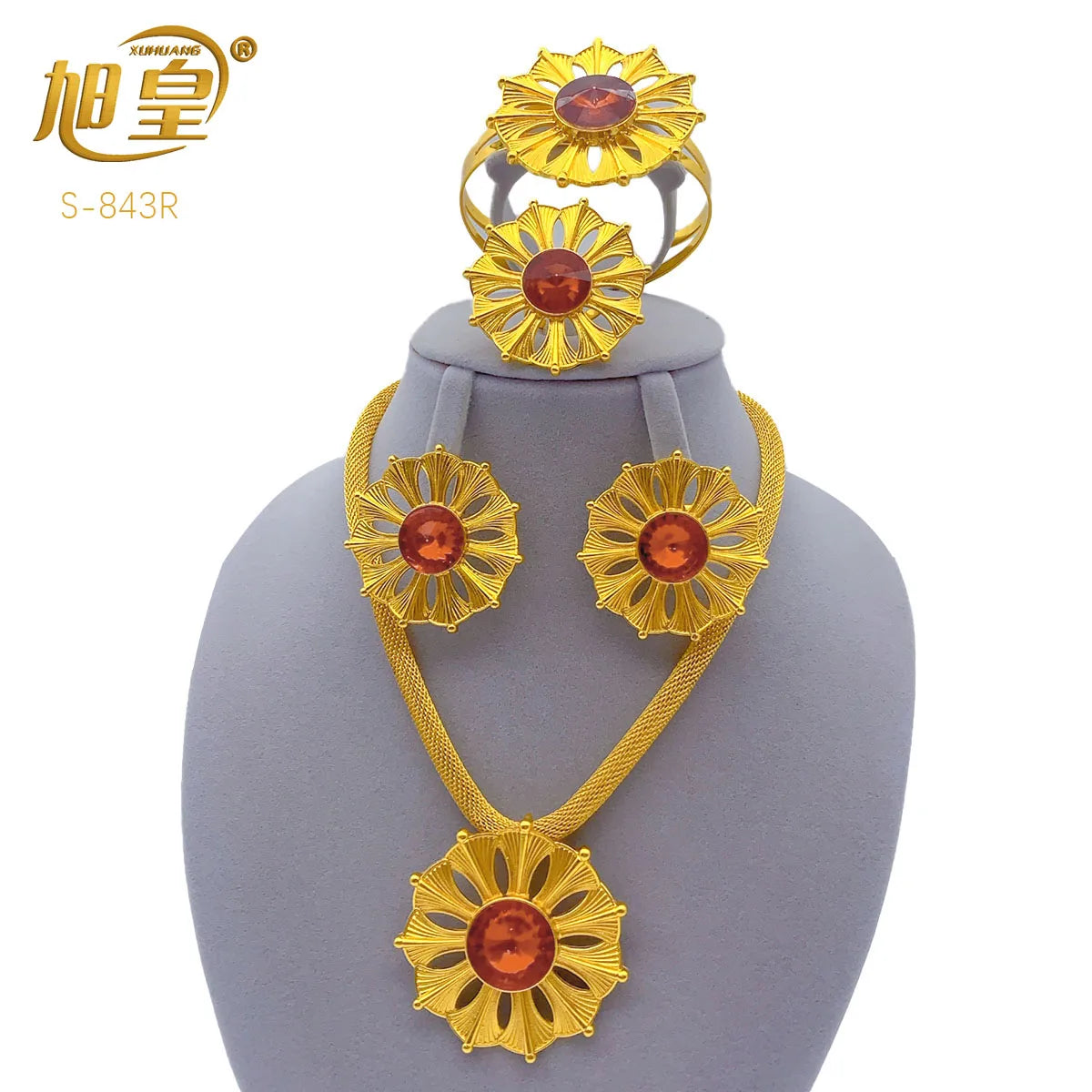 Dubai African Women 24K Gold Plated Indian Bridal Wedding Necklace Earrings Jewelry Set