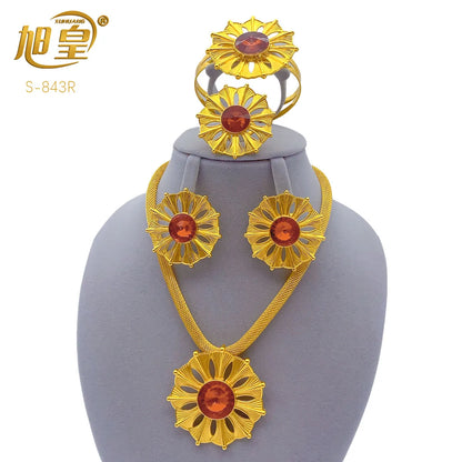 Dubai African Women 24K Gold Plated Indian Bridal Wedding Necklace Earrings Jewelry Set