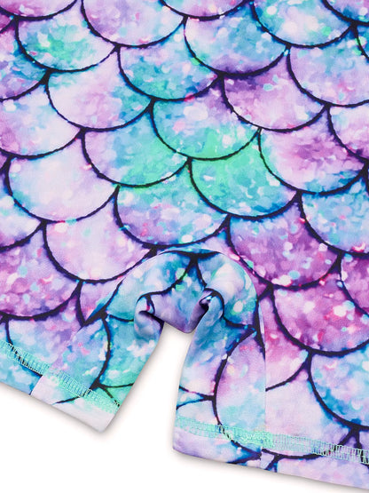 Kids Girls Long Raglan Sleeve Scale Print Zipper Boyleg Shorts Swimwear Beach Swimsuit