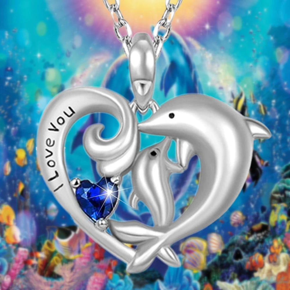 Women Creative Heart Shape Double Dolphin Blue Crystal Pendant Necklace