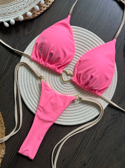 Solid Color Bikini Low Waist Lace-up Fashionable Swimsuit Two-piece Suit