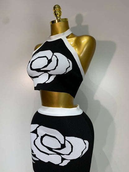 Sexy Halter Backless Two Pieces Bandage Nightclub Party Birthday Evening Dress