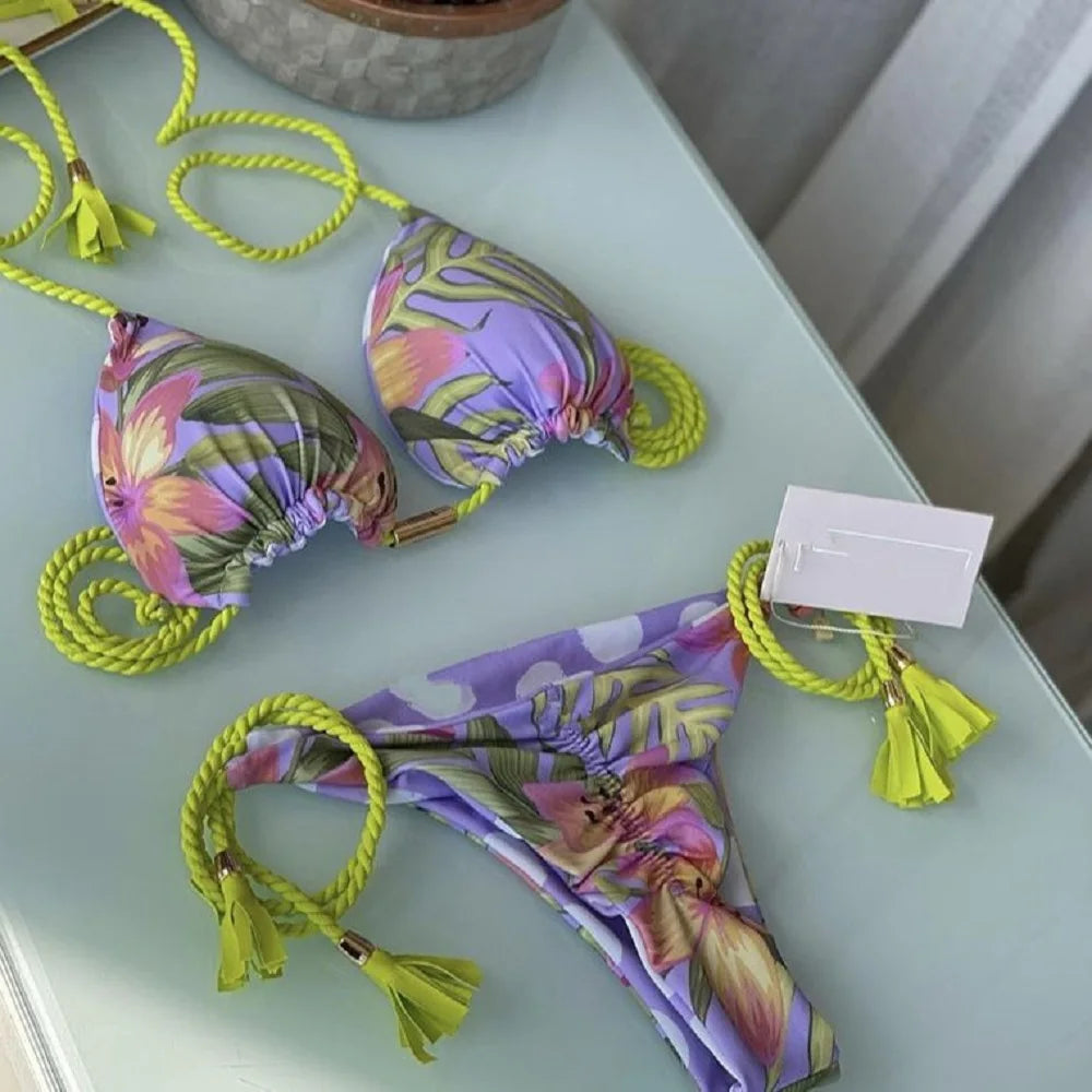 Women Low Waist Two Pieces Botanical-Print Braided Rope Bikini Swimsuit Beachwear Bathing Swimwear