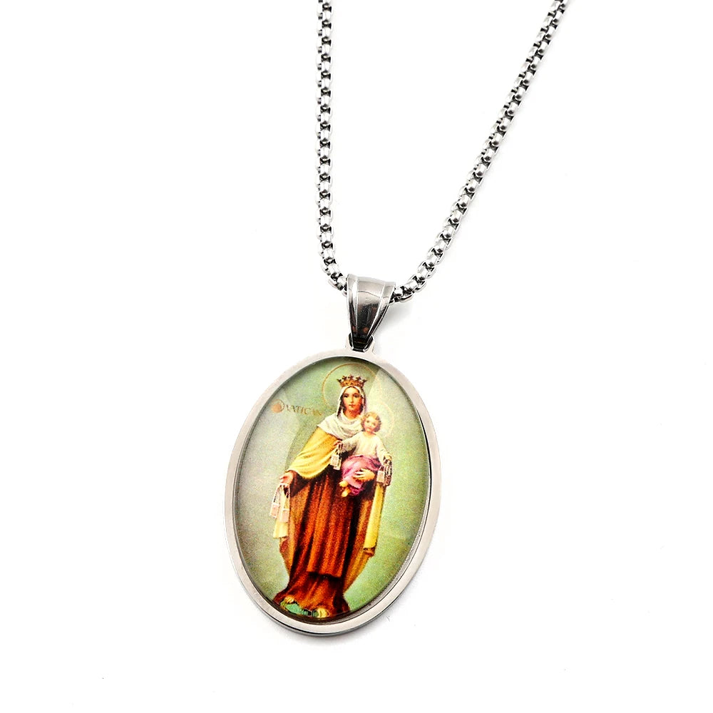 Women Men Stainless Steel Gold Color Catholic Amulet Virgin Mary Hold Baby Jesus Glass Medal Pendant Necklace