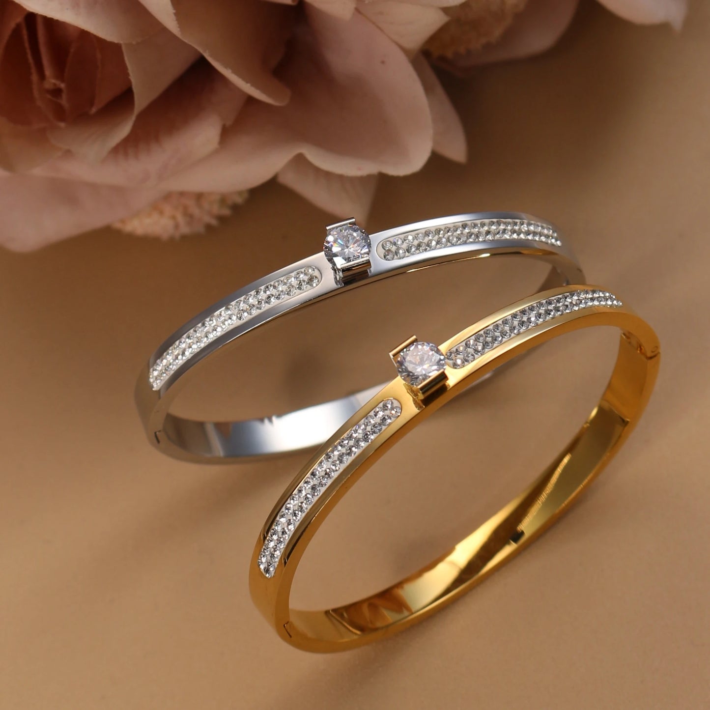 Women Beautiful Stainless Steel 18k Gold Color Bangle Crystal Design Charm Bracelet