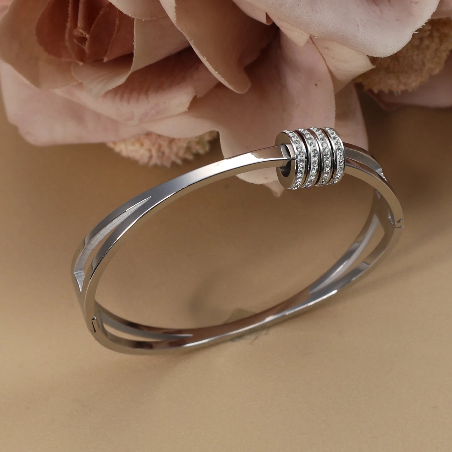 Women's Love Stainless Steel Crystal Bracelets Half Face Hollow Design Bracelet Bangle Jewelry Gifts