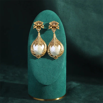 Women Vintage Baroque Pearl Dangle Yellow Flower Metal Carving Rose Water Drop Pendant Earrings