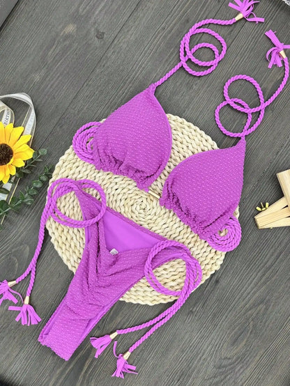 Women's Swimsuit Triangle Woven Tope Hanging Neck Two Pieces Bikini Swimwear Suit