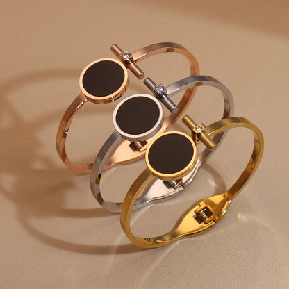 Women 2-In-1Black Acrylic Zirconia Stainless Steel Ring Bangle Bracelet Gifts Set