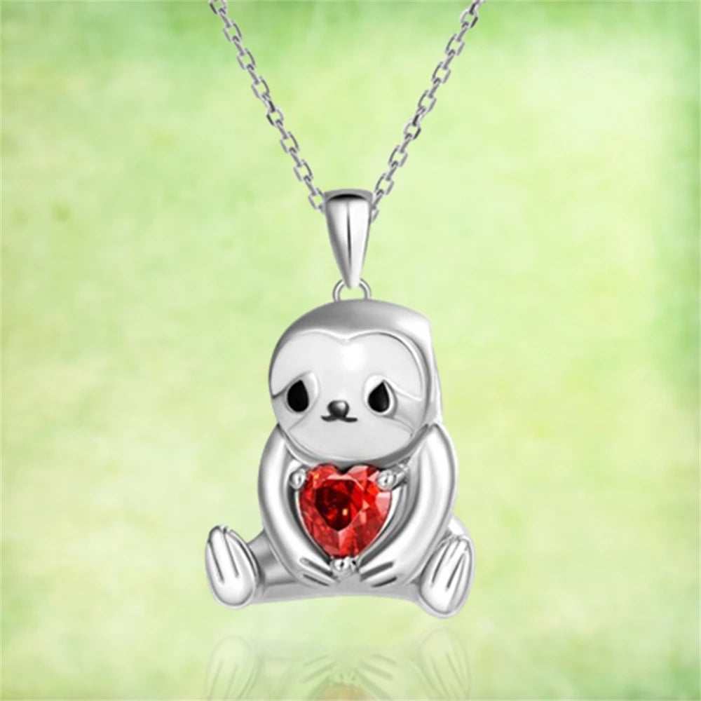 Women Sparkling Red Crystal Animal Cartoon Sloth Pendant Necklace