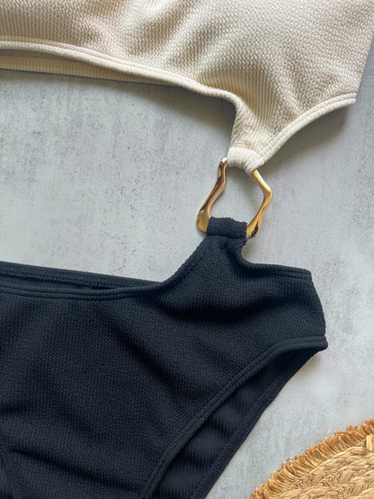 Women Splicing Asymmetric One Shoulder Piece Swimsuit Metal Ring High Cut Bather Bathing Suit