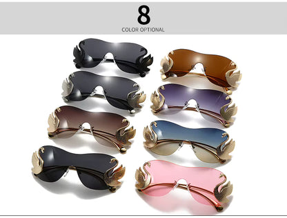 Y2k Women Fashion Swan Inlay Gradient Lens Shades Oversized Rimless Sunglasses Glasses