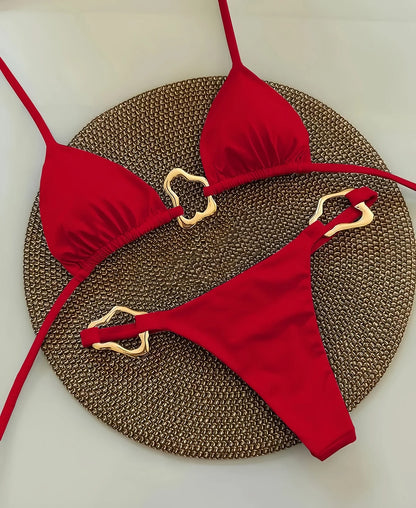 Women Bikini Solid Color Lace-up Split Two-piece Swimsuit Swimwear Suit