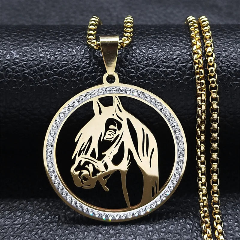 Men Women Stainless Steel Crystal Animal Chain Horse Head Pendant Necklace