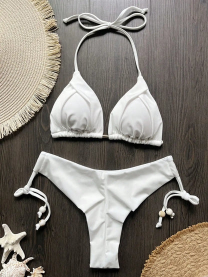 Solid Color Bikini Swimsuit Hanging Neck Rope Split Swimsuit 2-piece Beachwear Suit