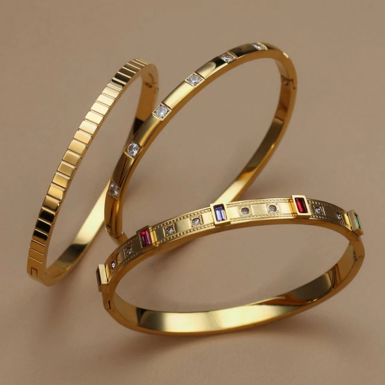 Women's cz Design Inlay Square Small Colored Zircon Stainless Steel Gold Color Bracelet Bangle