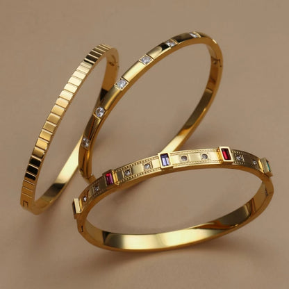 Women's cz Design Inlay Square Small Colored Zircon Stainless Steel Gold Color Bracelet Bangle