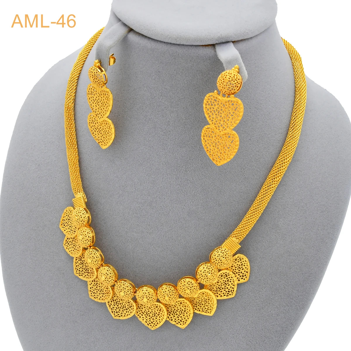 Dubai 24K Gold Plated Women Heart African Indian Bridal Wedding Necklace Earrings Jewelry Set