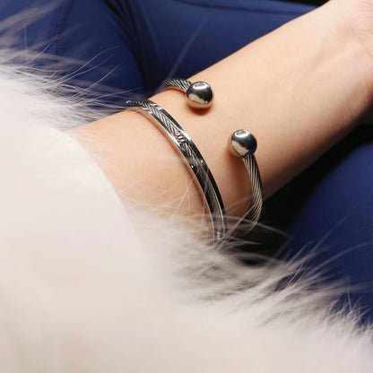 Stainless Steel Ball Open Cuff Bangle Wire Rope Bracelet Wrist Ornament Jewelry Gift