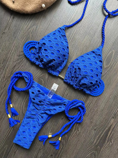 Women's two-piece set w/ push up hanging neck solid color bikini beach swimsuit