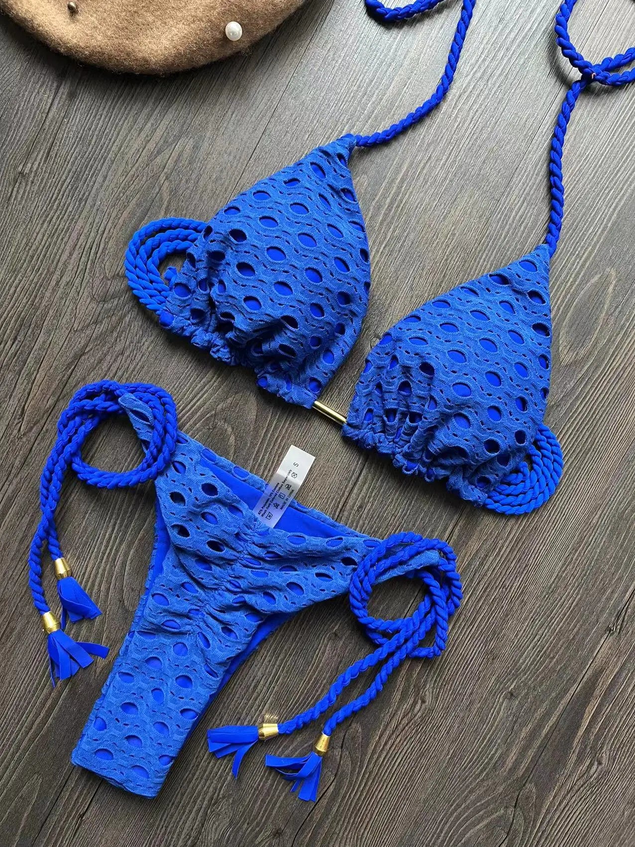 Sexy solid color swimsuit 2-piece w/ tassel straps bikini split beach swimwear Suit