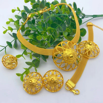 African Indian Bridal Women 24k Gold Color Dubai Ethiopian Necklace Earrings Jewelry Sets