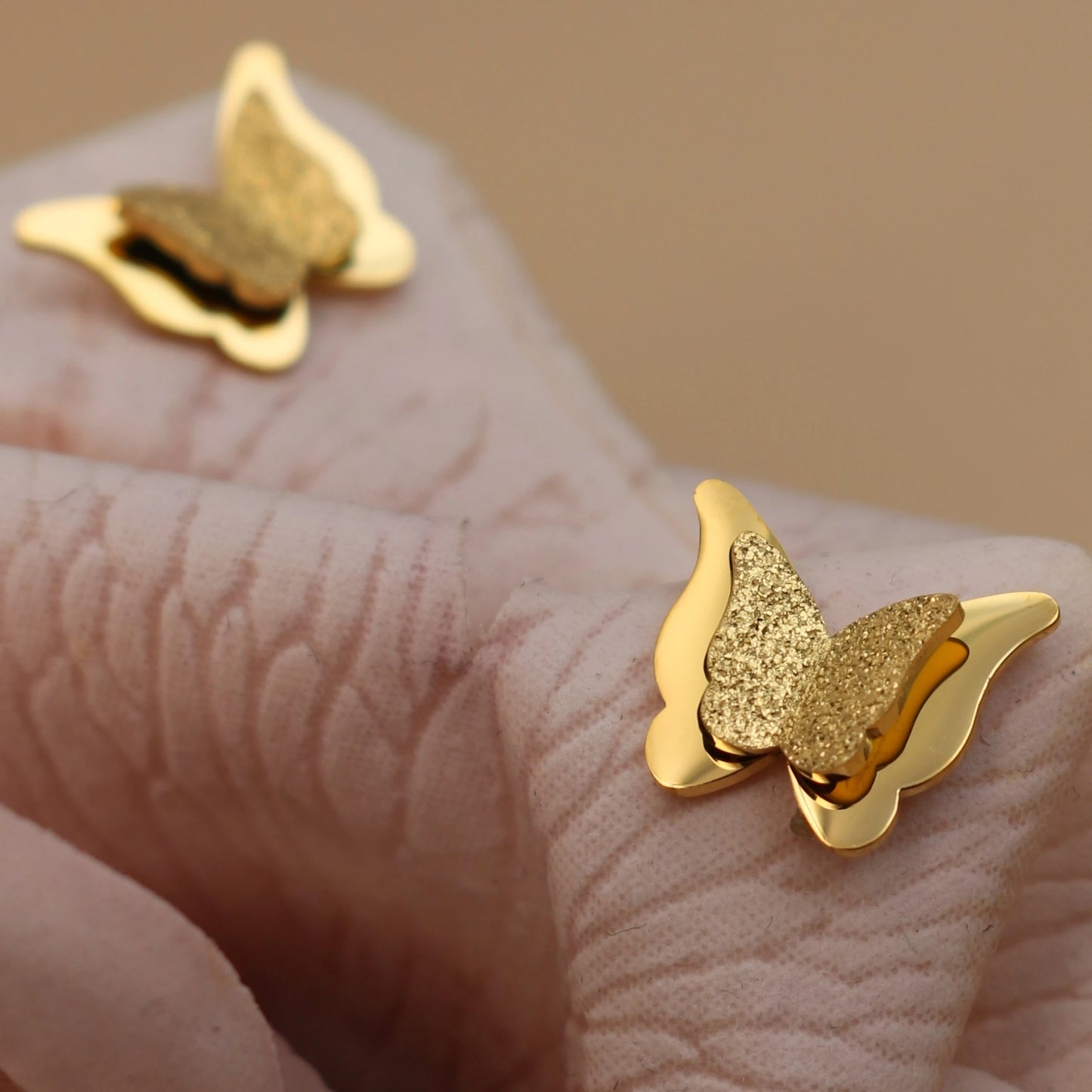 Sweet Romantic Gold Color Three-Dimensional Butterfly Design Stainless Steel Stud Earrings
