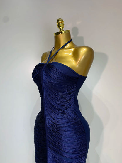 Women Sexy Celebrity Backless Halter Tassel Bandage Evening Party Birthday Wedding Dress
