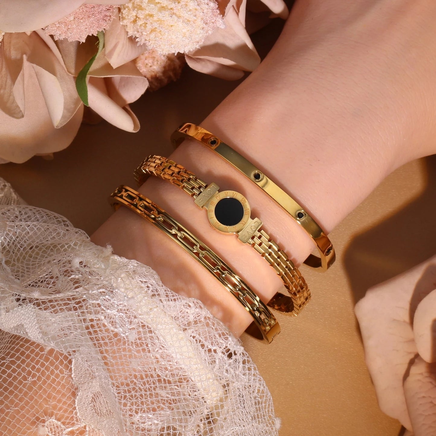 Stainless Steel Zircon Roman Numeral Chain Design Women Bracelet Bangle